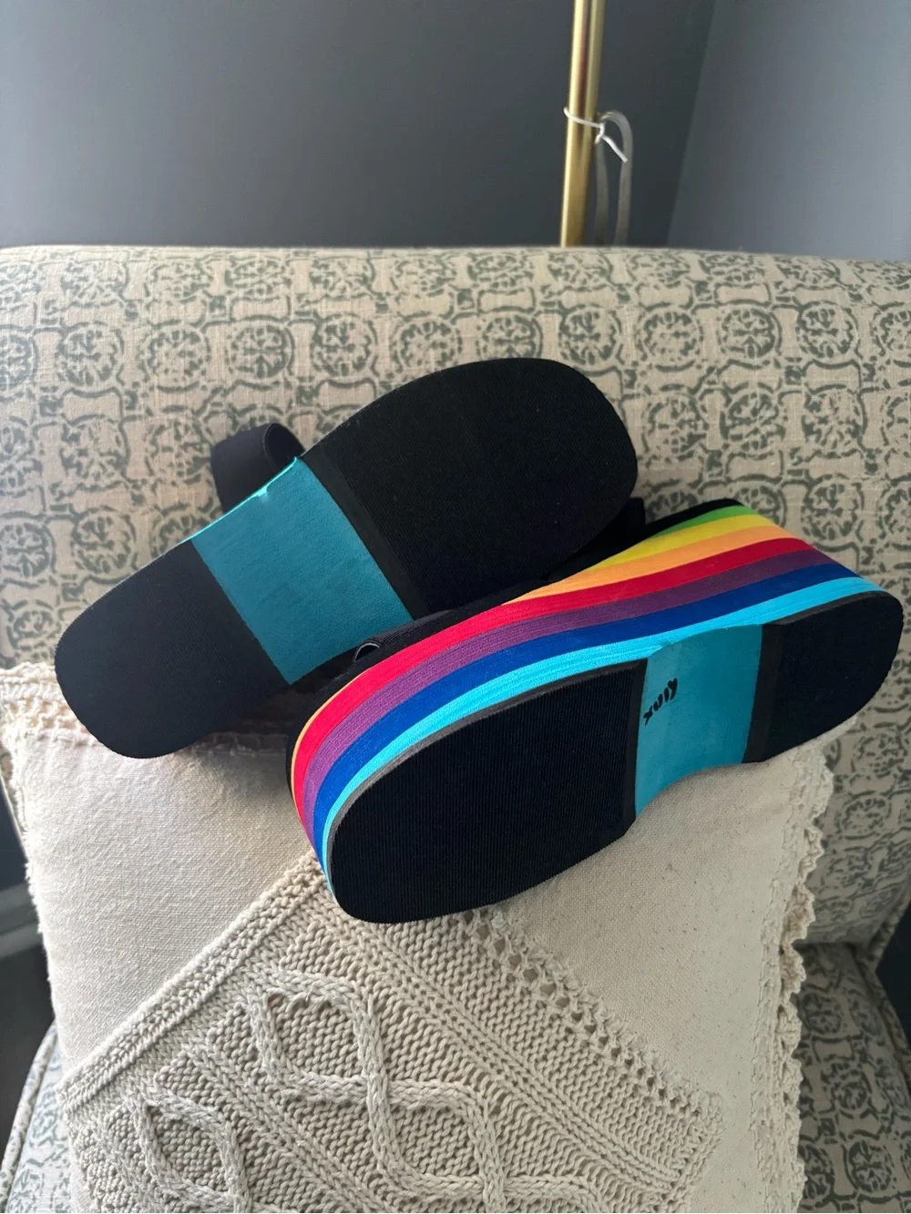 Madden Girl Black Platform Sandals with Rainbow Layered Wedge